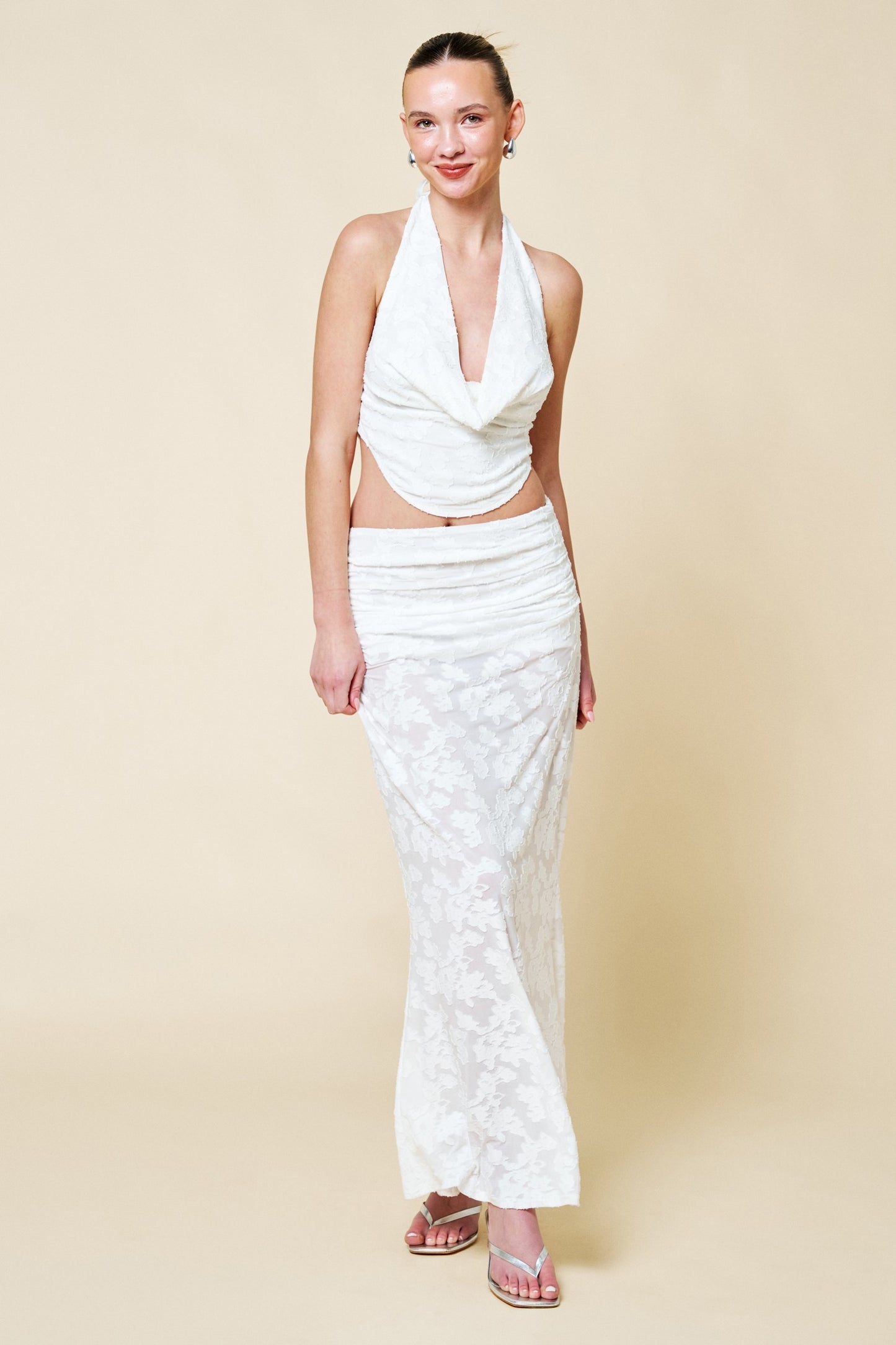 2pc set-Floral Jacquard Cowl Neck Halter Top & Skirt