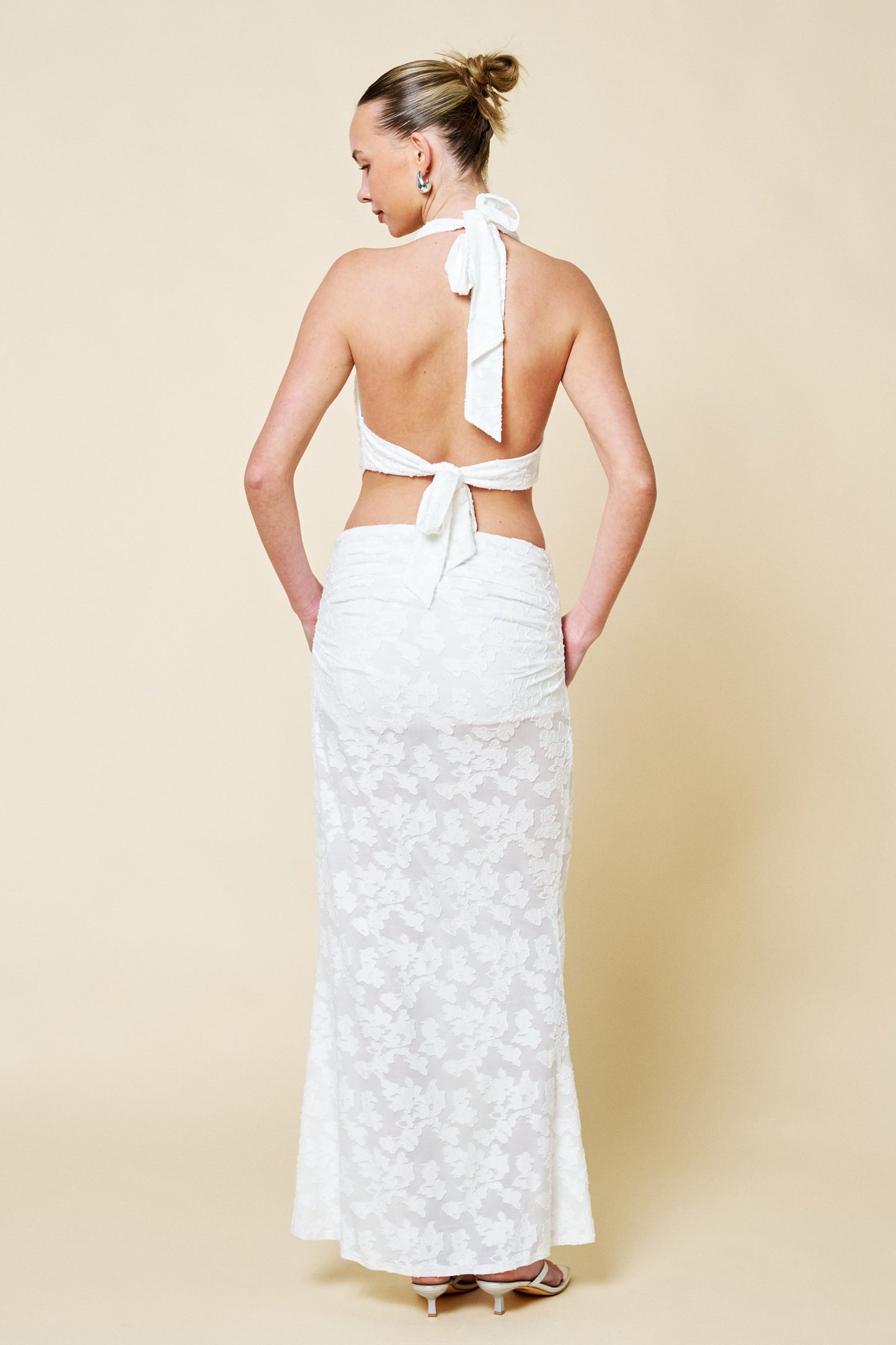 2pc set-Floral Jacquard Cowl Neck Halter Top & Skirt