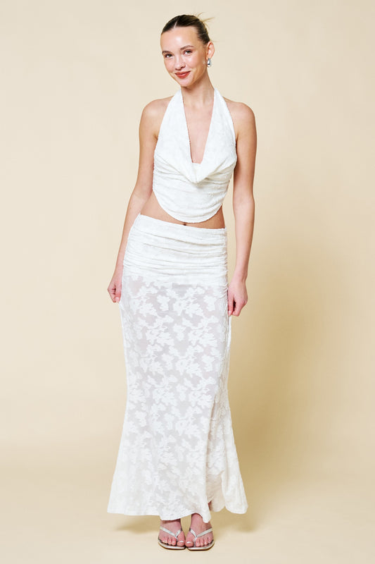 2pc set-Floral Jacquard Cowl Neck Halter Top & Skirt