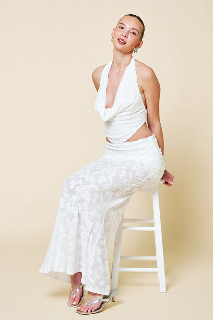 2pc set-Floral Jacquard Cowl Neck Halter Top & Skirt