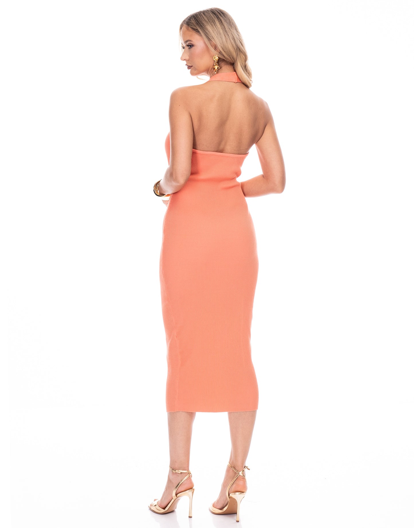 ribbed knit cutout haler midi dress