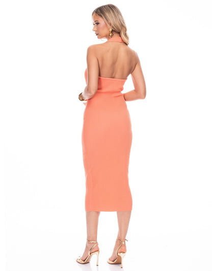 ribbed knit cutout haler midi dress