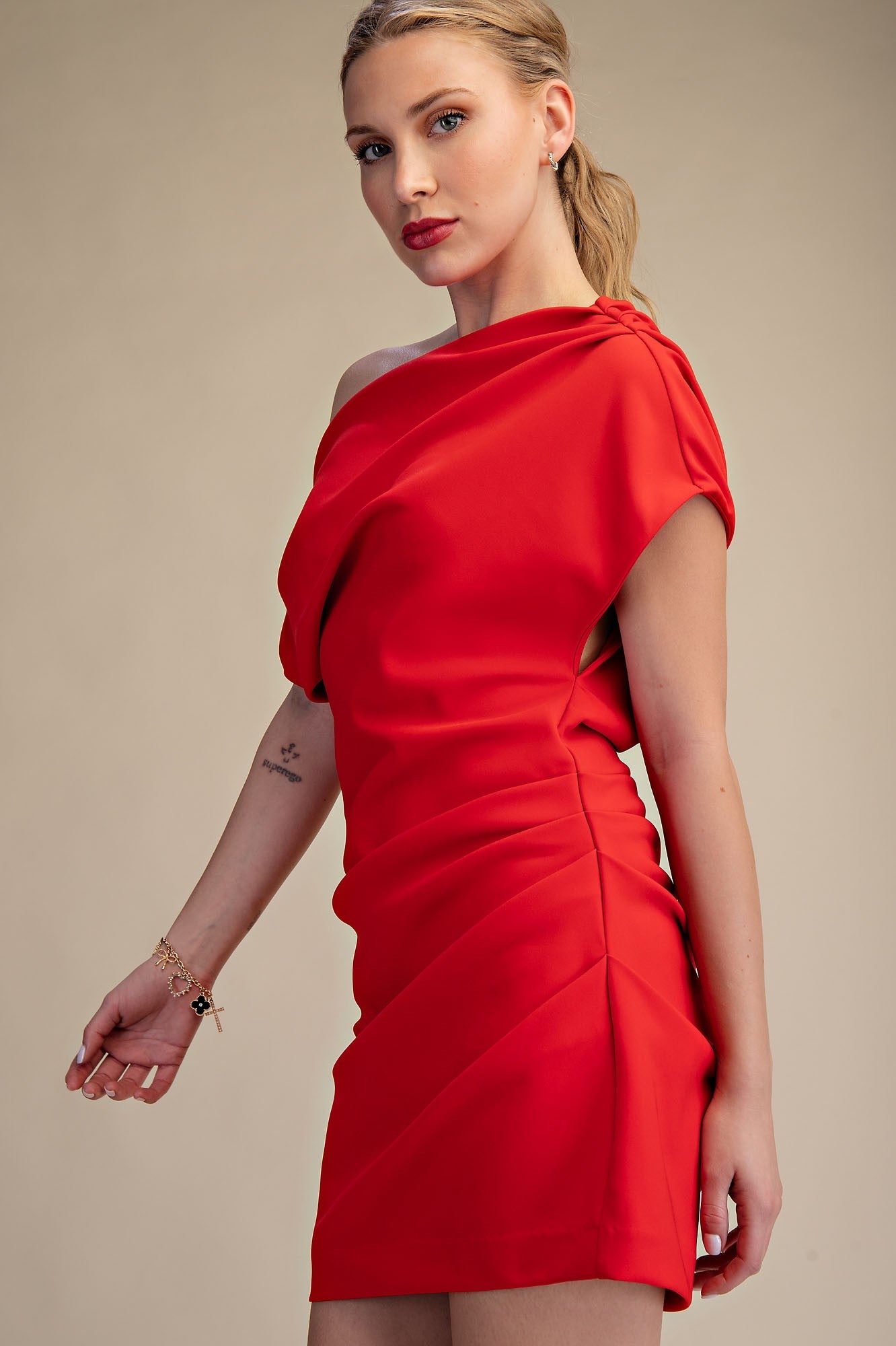 Asymmetric Draped Neckline Mini Dress