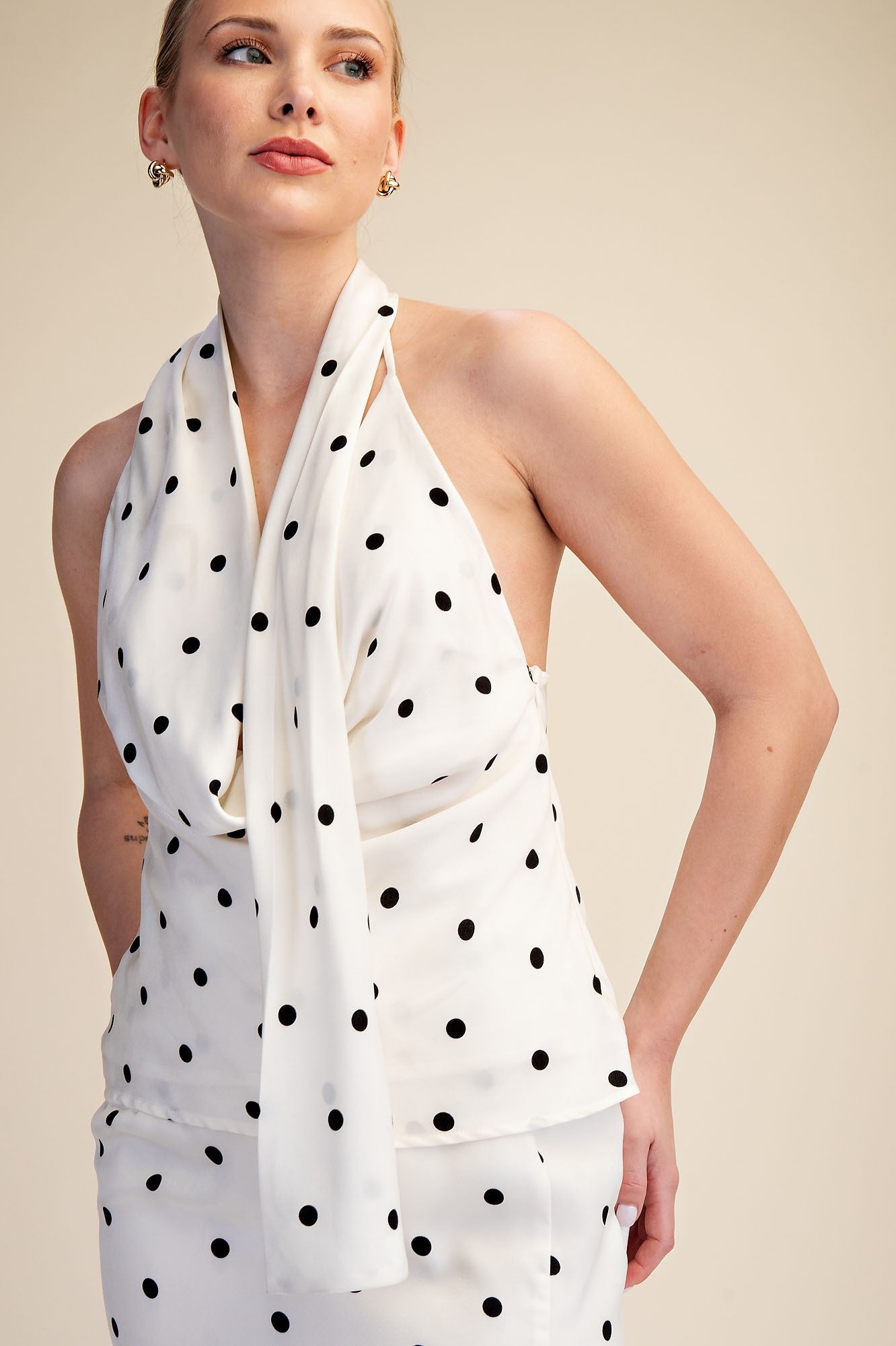 Polka Dot Open Back Halter Scarf Top