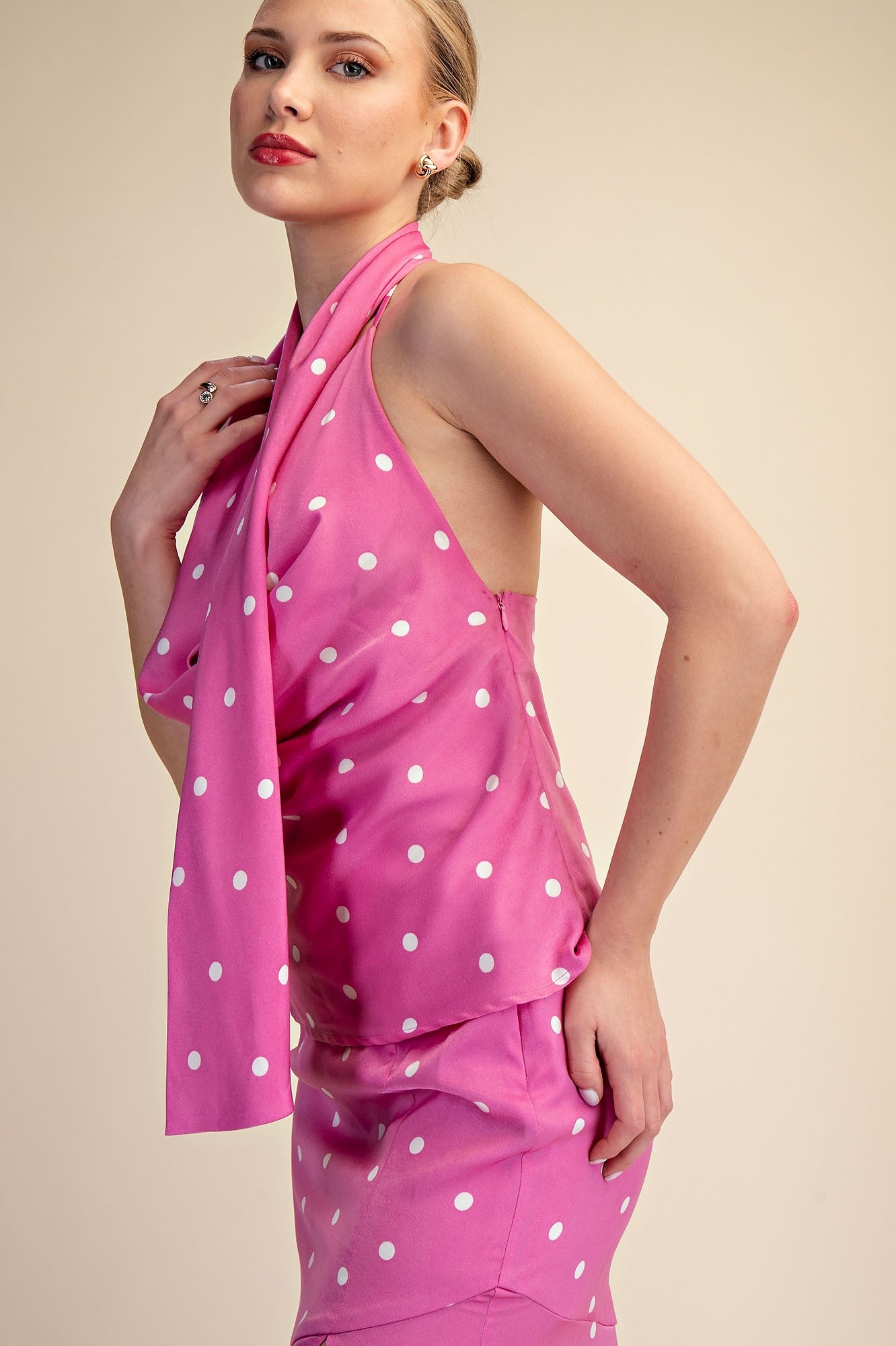Polka Dot Open Back Halter Scarf Top