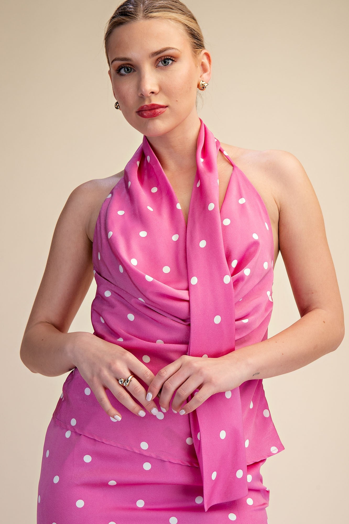 Polka Dot Open Back Halter Scarf Top