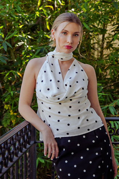 Polka Dot Open Back Halter Scarf Top
