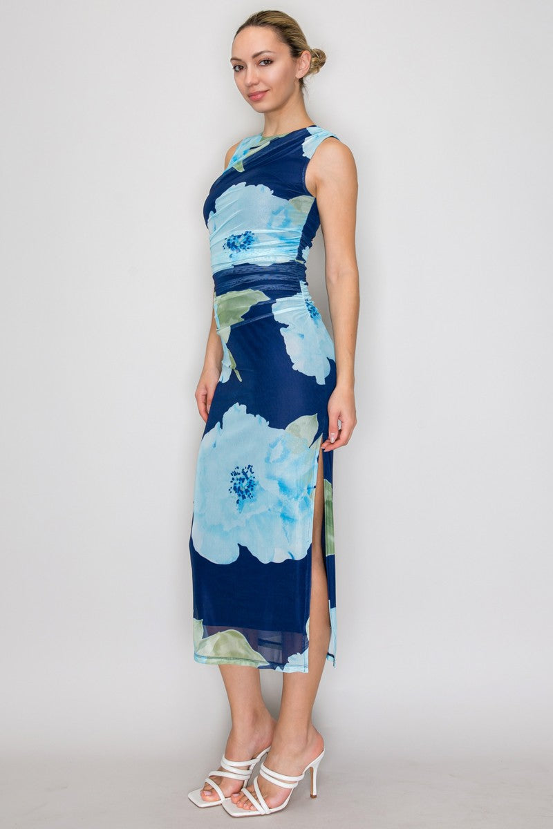 Floral Mesh Ruched Sleeveless Midi Dress