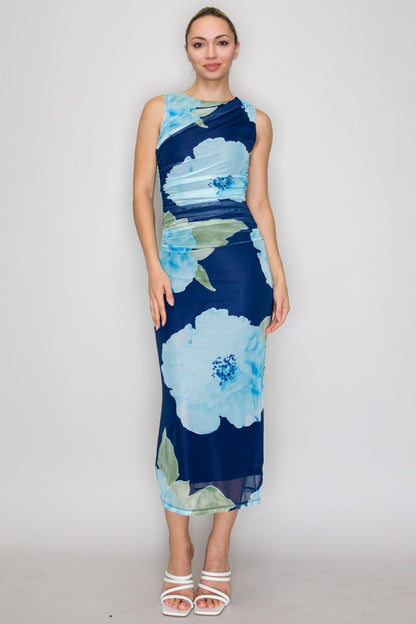 Floral Mesh Ruched Sleeveless Midi Dress