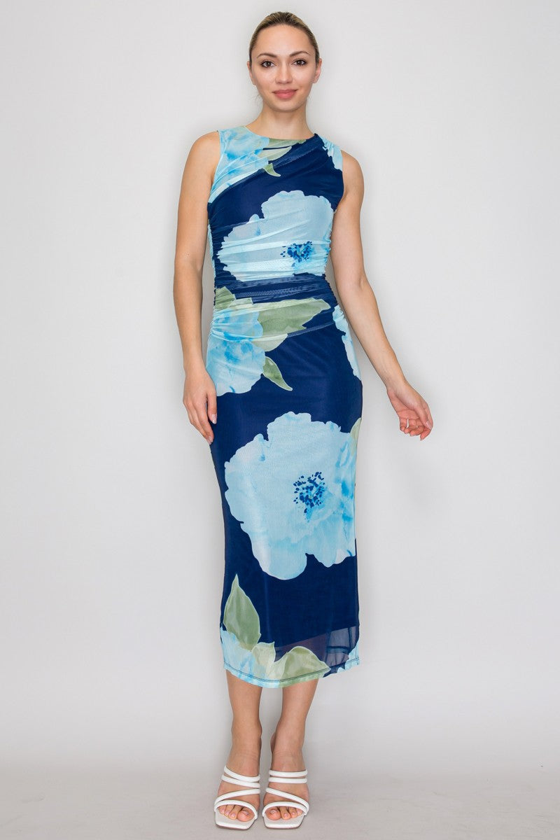 Floral Mesh Ruched Sleeveless Midi Dress