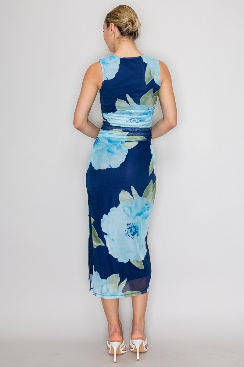 Floral Mesh Ruched Sleeveless Midi Dress