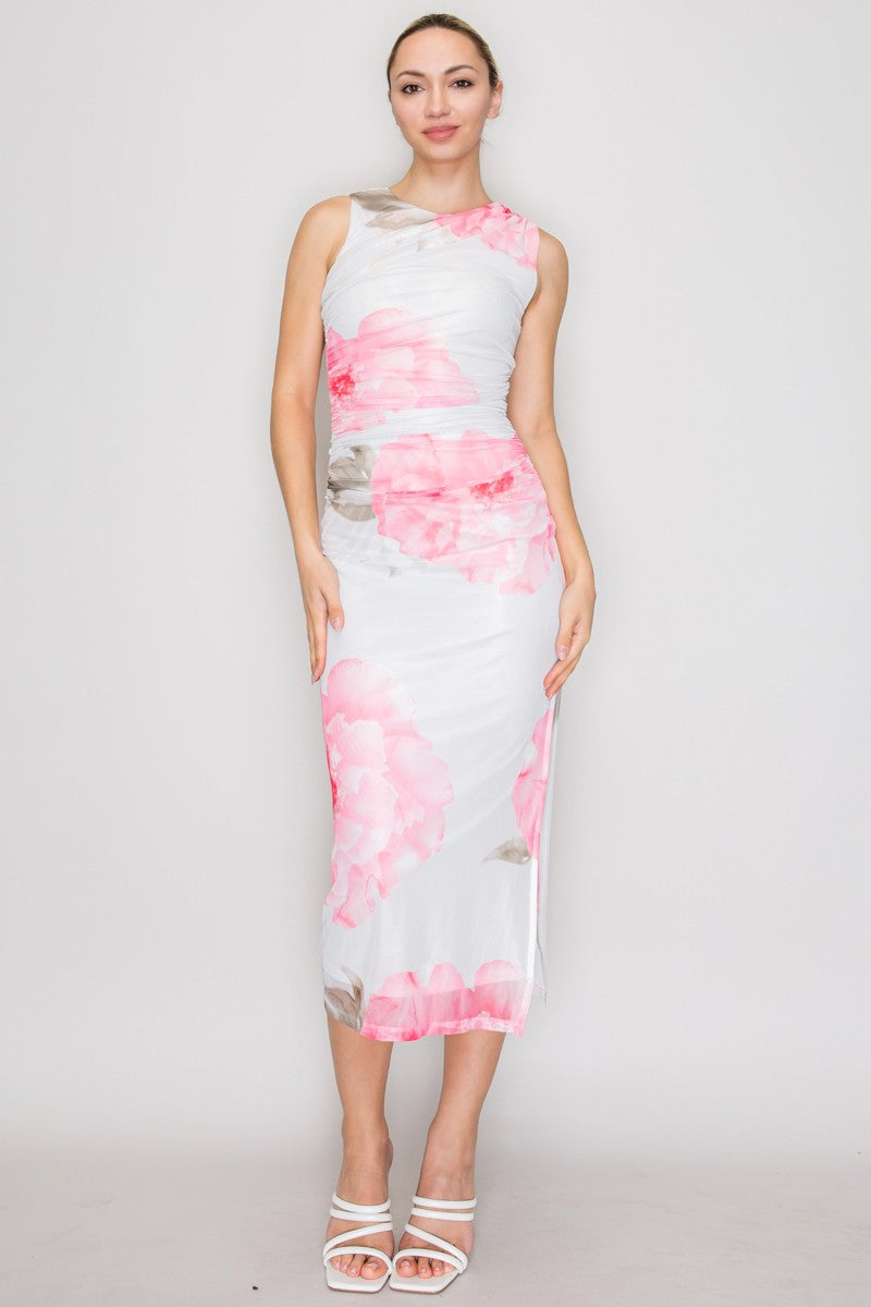 Floral Mesh Ruched Sleeveless Midi Dress