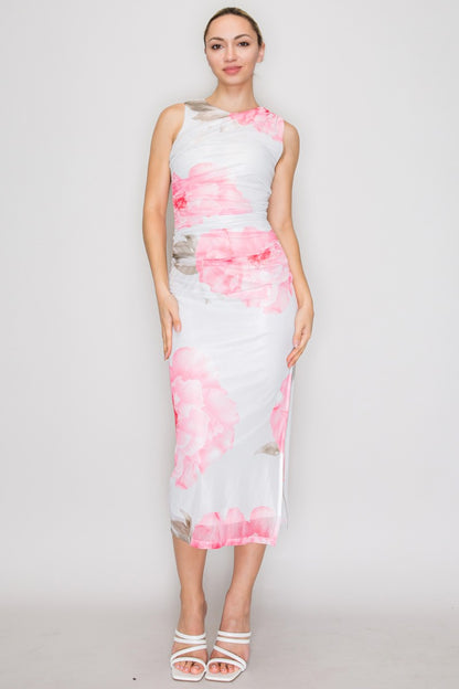 Floral Mesh Ruched Sleeveless Midi Dress