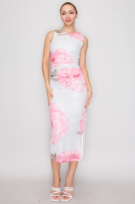 Floral Mesh Ruched Sleeveless Midi Dress