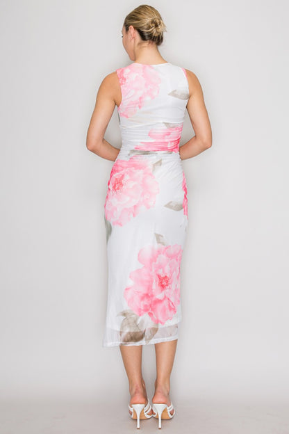 Floral Mesh Ruched Sleeveless Midi Dress