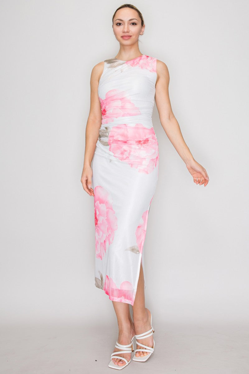 Floral Mesh Ruched Sleeveless Midi Dress