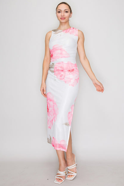 Floral Mesh Ruched Sleeveless Midi Dress