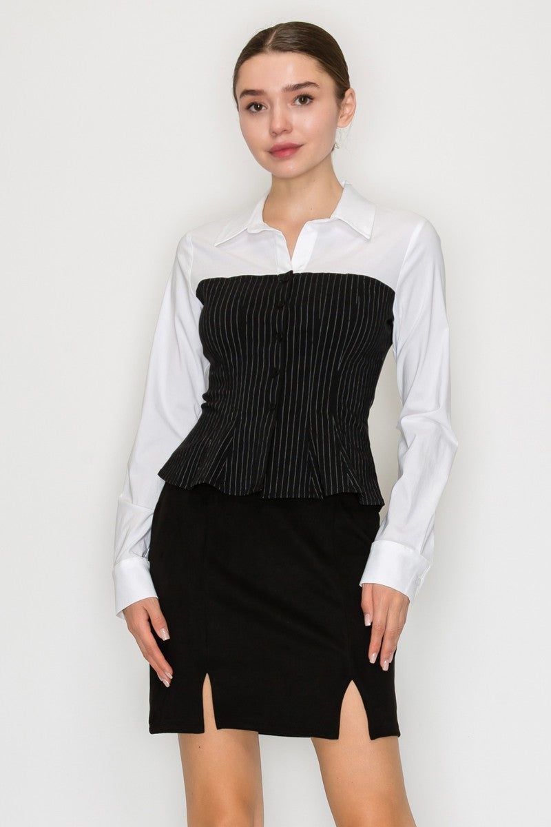 Pinstripe Corset Long Sleeve Collar Top