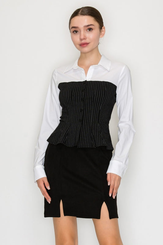 Pinstripe Corset Long Sleeve Collar Top
