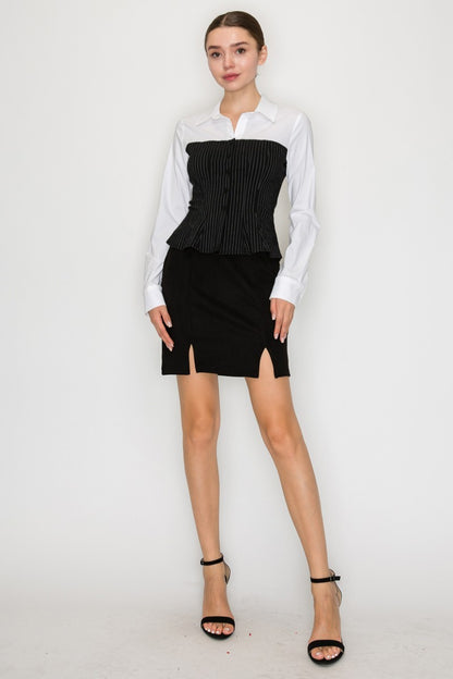 Pinstripe Corset Long Sleeve Collar Top