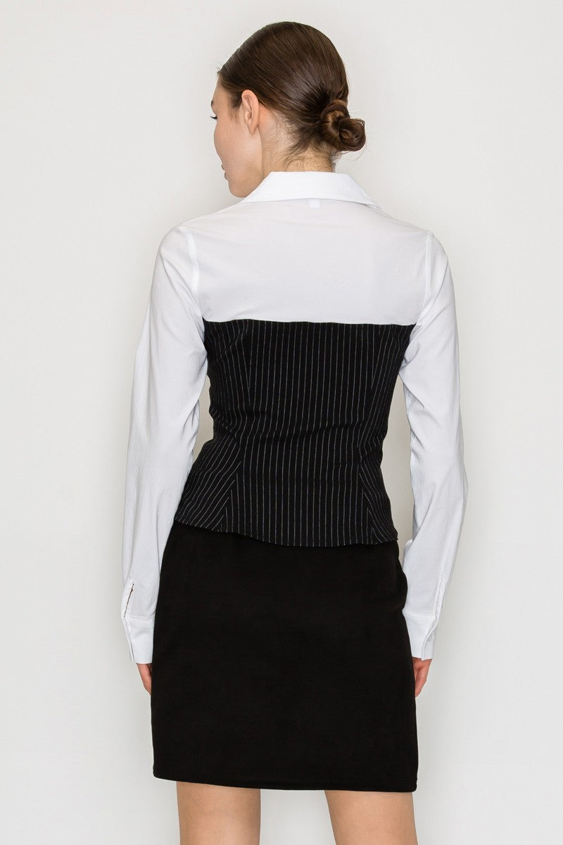 Pinstripe Corset Long Sleeve Collar Top