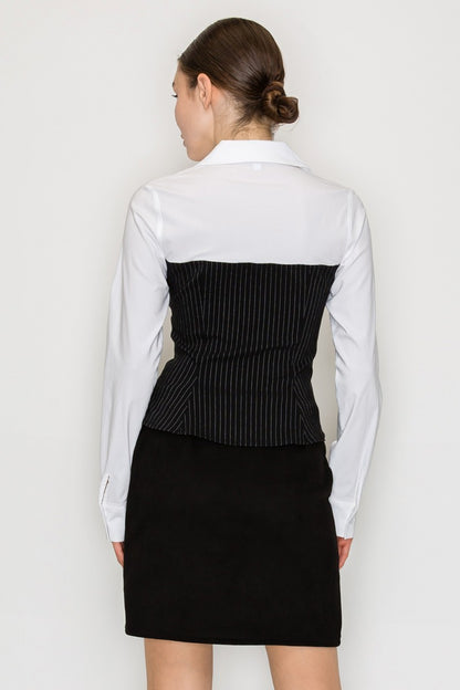 Pinstripe Corset Long Sleeve Collar Top