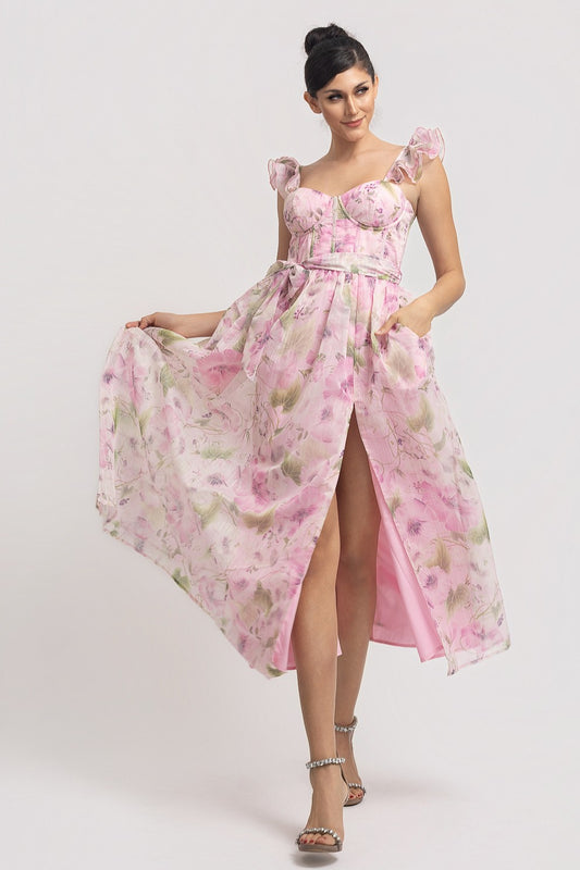 Ruffle Shoulder Strap Floral Midi Dress