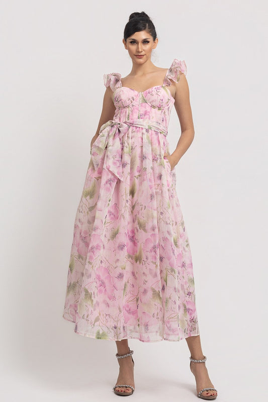 Ruffle Shoulder Strap Floral Midi Dress