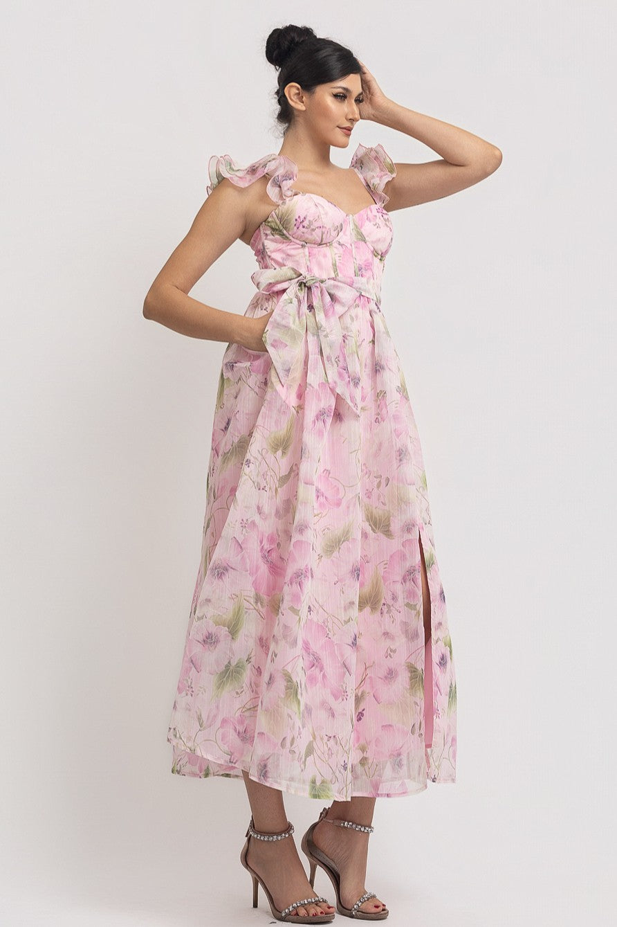 Ruffle Shoulder Strap Floral Midi Dress