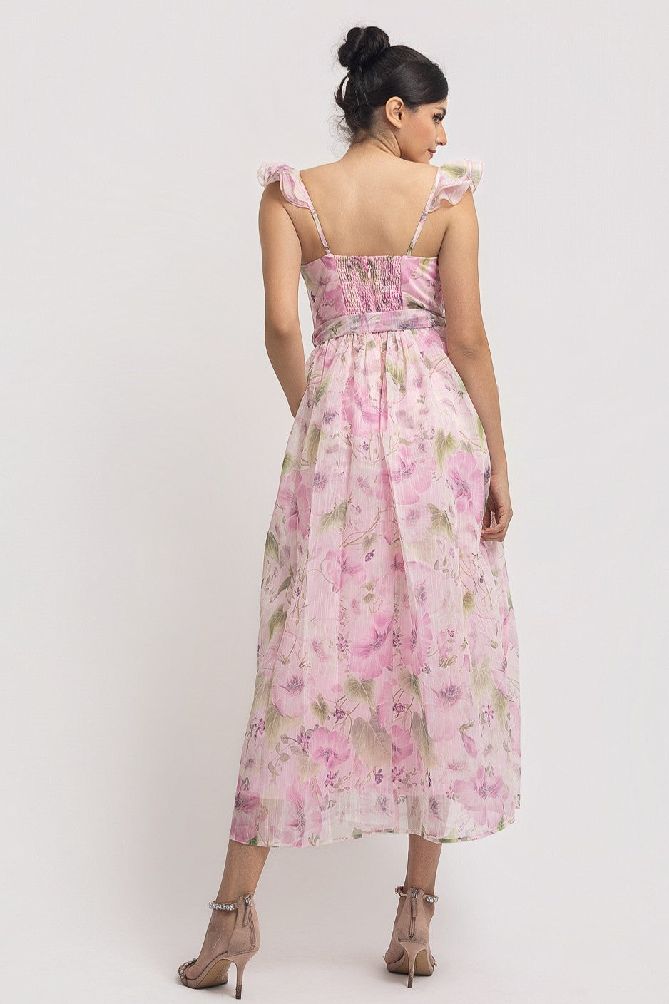 Ruffle Shoulder Strap Floral Midi Dress