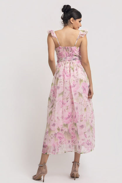 Ruffle Shoulder Strap Floral Midi Dress