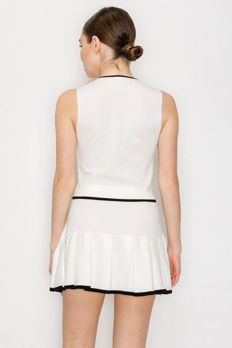 2pc set- Knit Square Contrast Trim Crop Top & Tennis Skirt