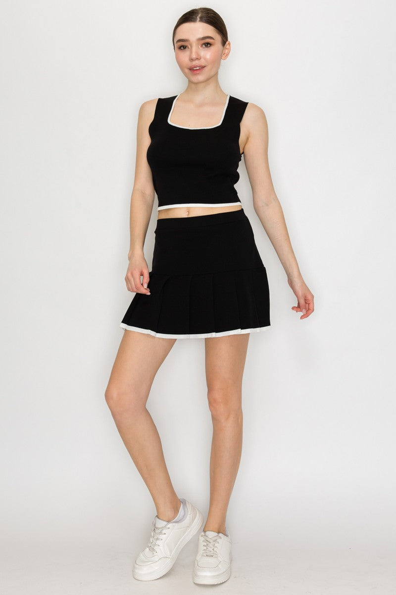 2pc set- Knit Square Contrast Trim Crop Top & Tennis Skirt