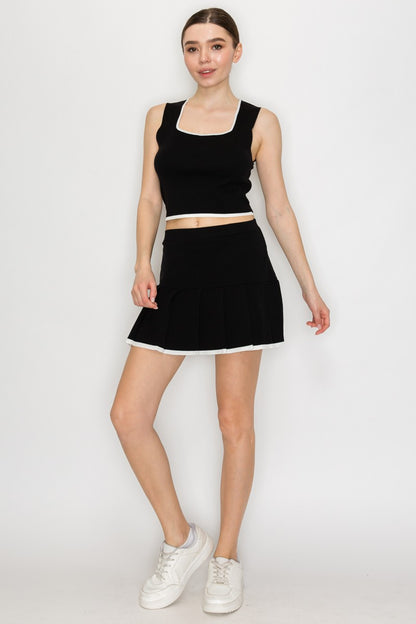 2pc set- Knit Square Contrast Trim Crop Top & Tennis Skirt