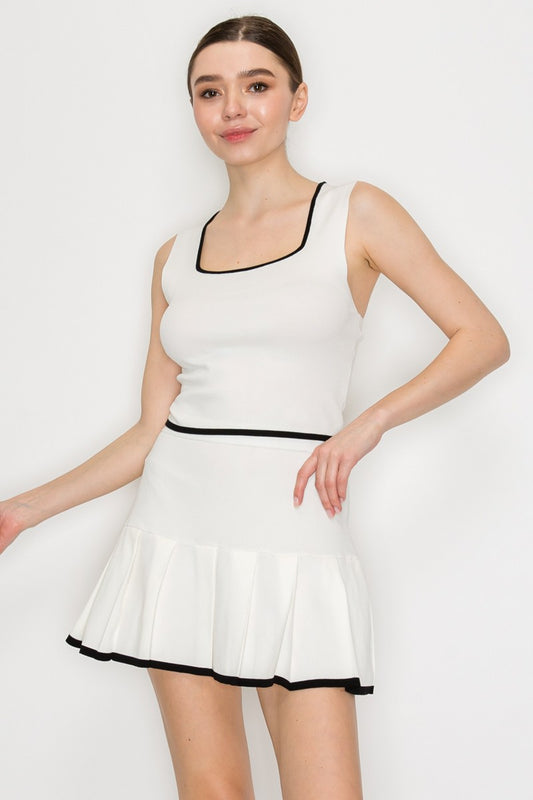 2pc set- Knit Square Contrast Trim Crop Top & Tennis Skirt