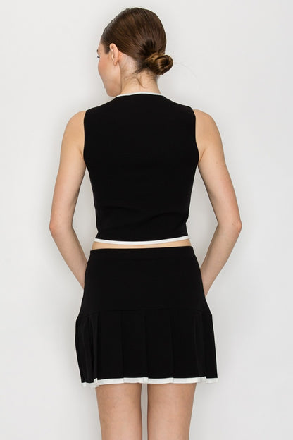 2pc set- Knit Square Contrast Trim Crop Top & Tennis Skirt