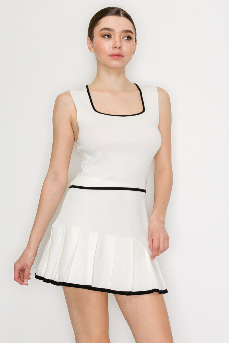 2pc set- Knit Square Contrast Trim Crop Top & Tennis Skirt