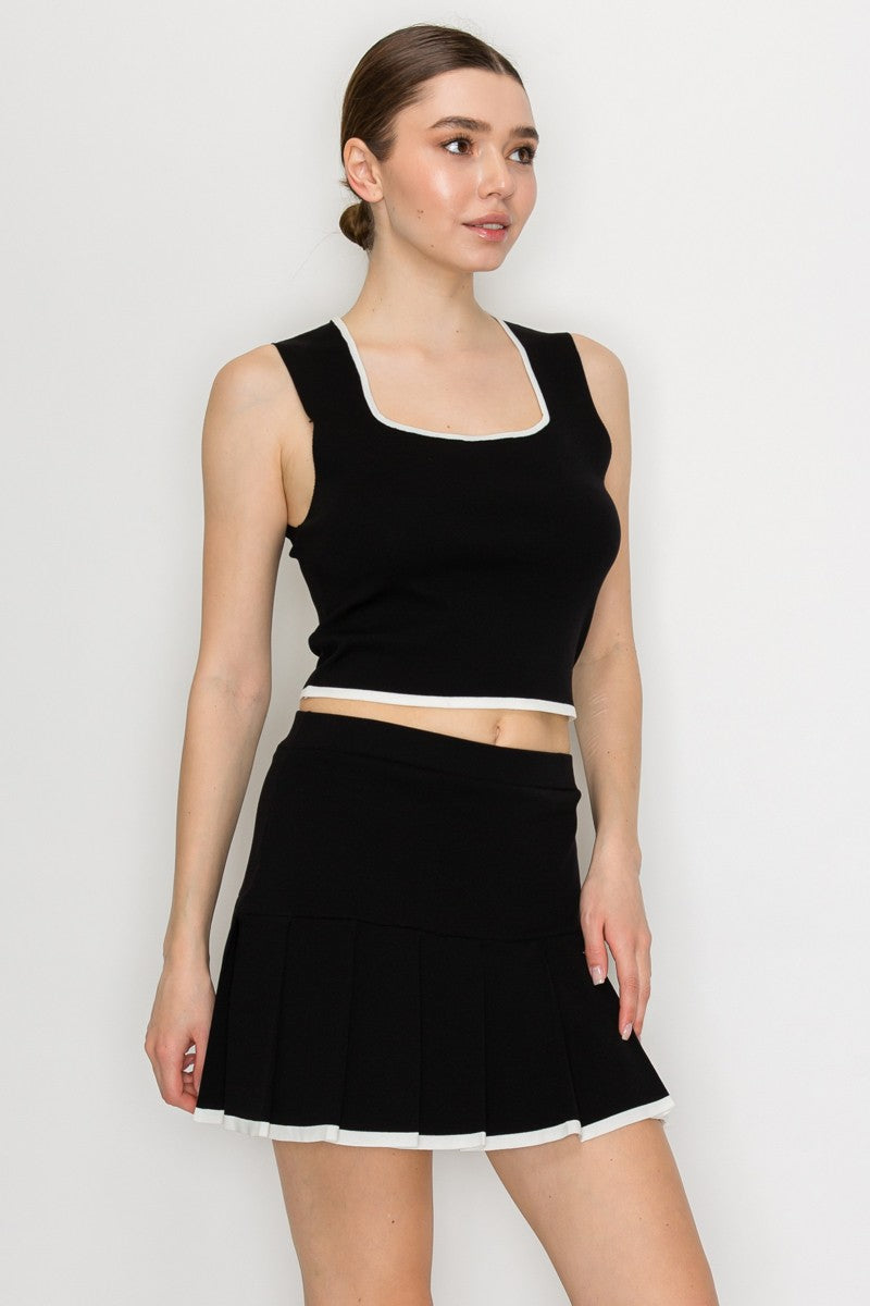 2pc set- Knit Square Contrast Trim Crop Top & Tennis Skirt