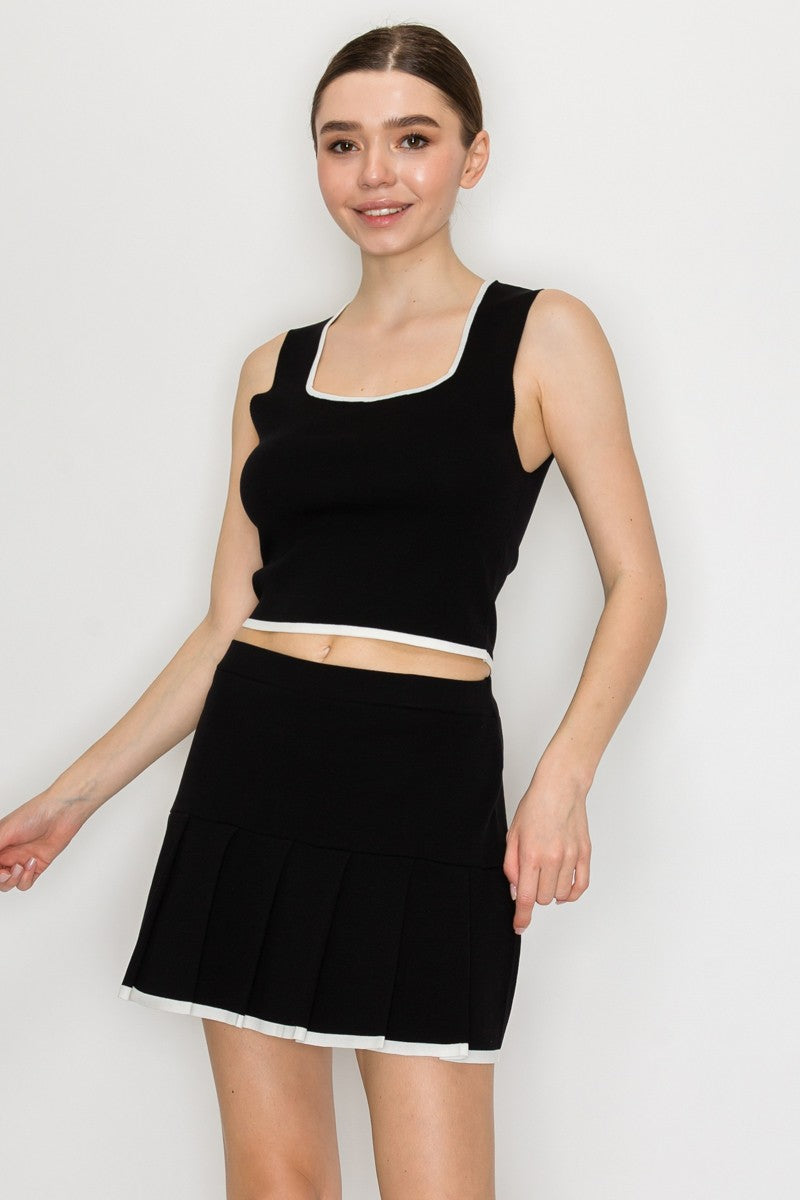 2pc set- Knit Square Contrast Trim Crop Top & Tennis Skirt