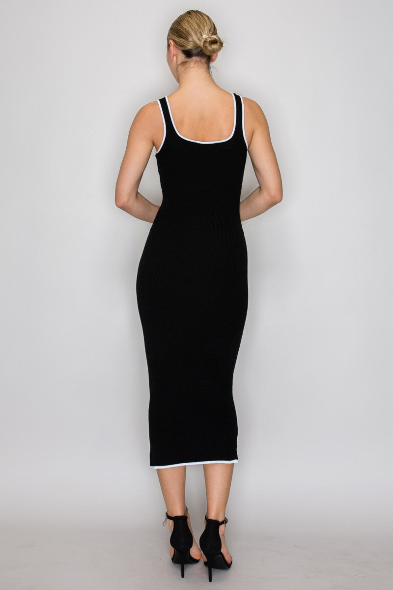 Knit Contrast Piping Ribbed Pocket Sleeveless Dress