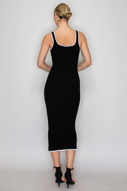 Knit Contrast Piping Ribbed Pocket Sleeveless Dress