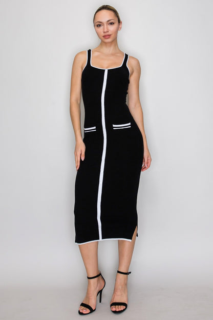 Knit Contrast Piping Ribbed Pocket Sleeveless Dress