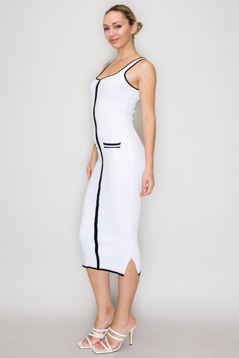 Knit Contrast Piping Ribbed Pocket Sleeveless Dress