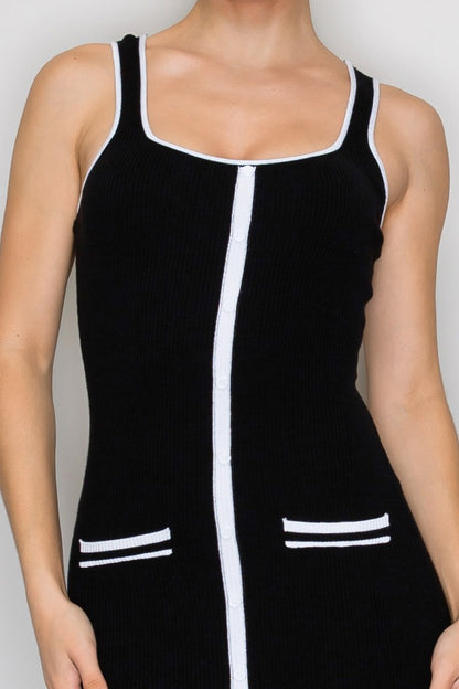 Knit Contrast Piping Ribbed Pocket Sleeveless Dress