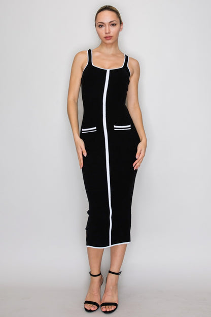 Knit Contrast Piping Ribbed Pocket Sleeveless Dress