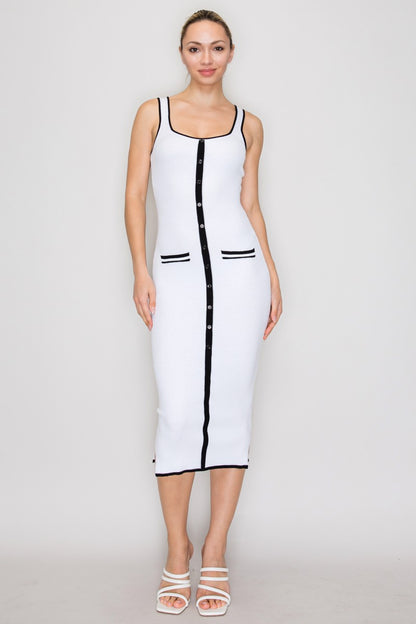 Knit Contrast Piping Ribbed Pocket Sleeveless Dress