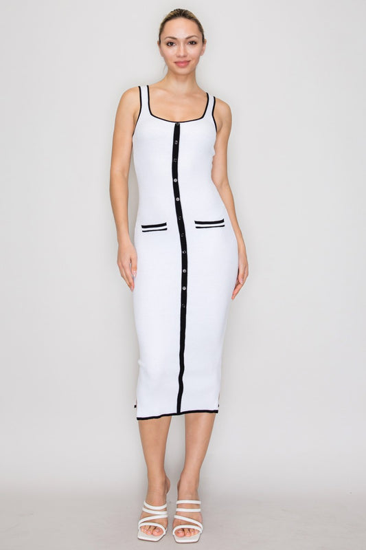 Knit Contrast Piping Ribbed Pocket Sleeveless Dress