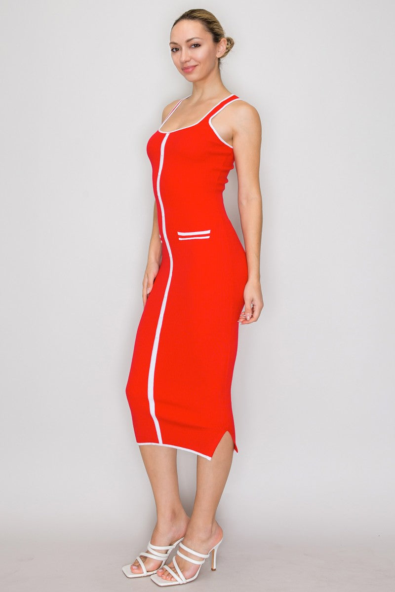 Knit Contrast Piping Ribbed Pocket Sleeveless Dress