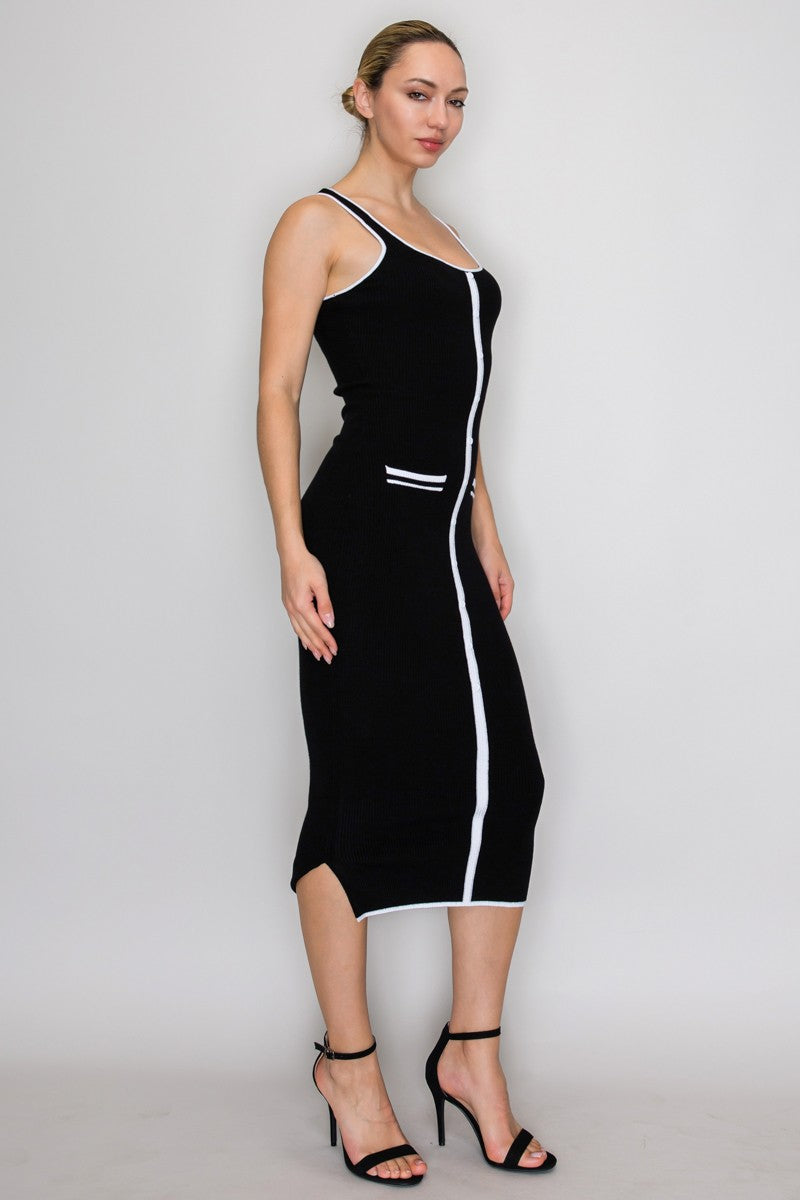 Knit Contrast Piping Ribbed Pocket Sleeveless Dress