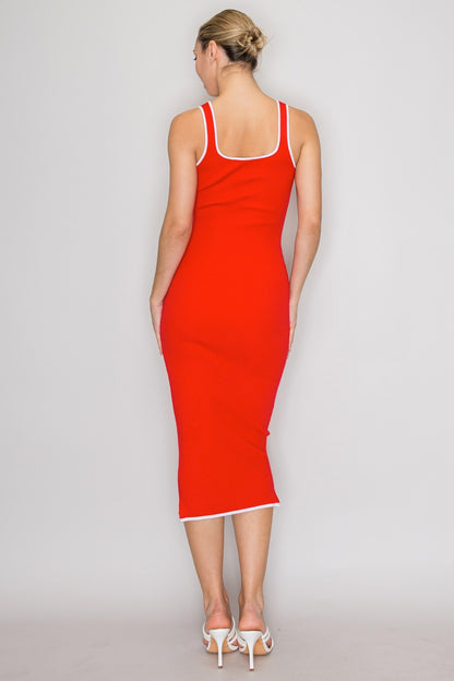 Knit Contrast Piping Ribbed Pocket Sleeveless Dress